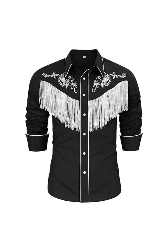 Vacation Shirts for Men Summer Western Cowboy Long Sleeve Embroidered Slim Fit Button Down with Pockets Mens Hawaiian Shirt