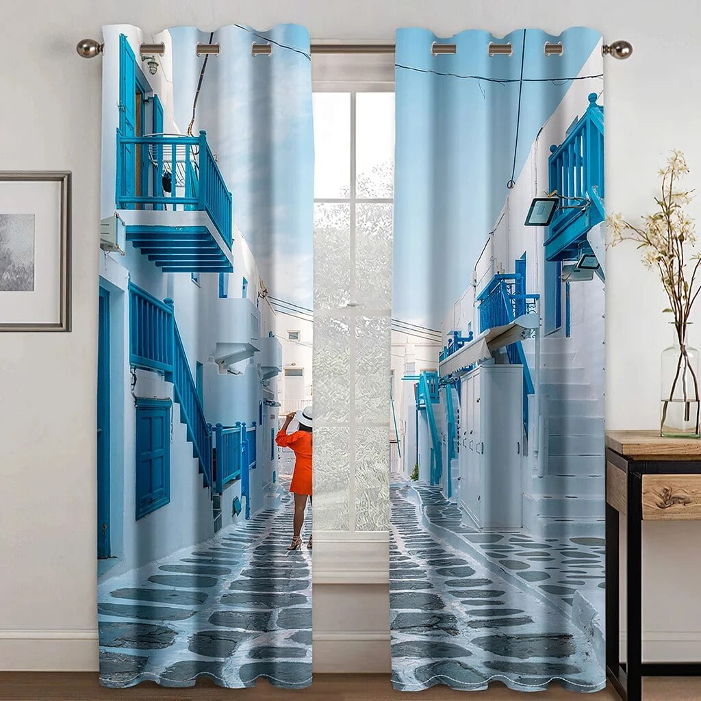 Vacation Style Curtain Aegean Sea Santorini Island Beach High Shading ...