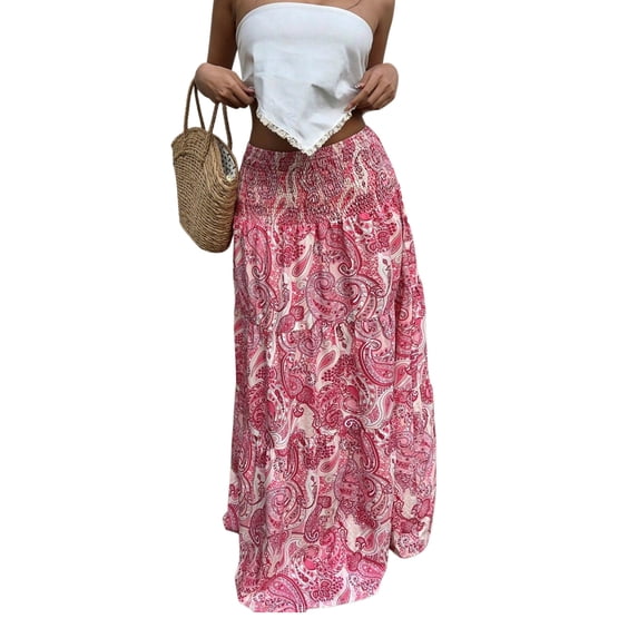 Vacation Style Elastic Waist Maxi Skirt Women Long Skirt Casual Resort Wear