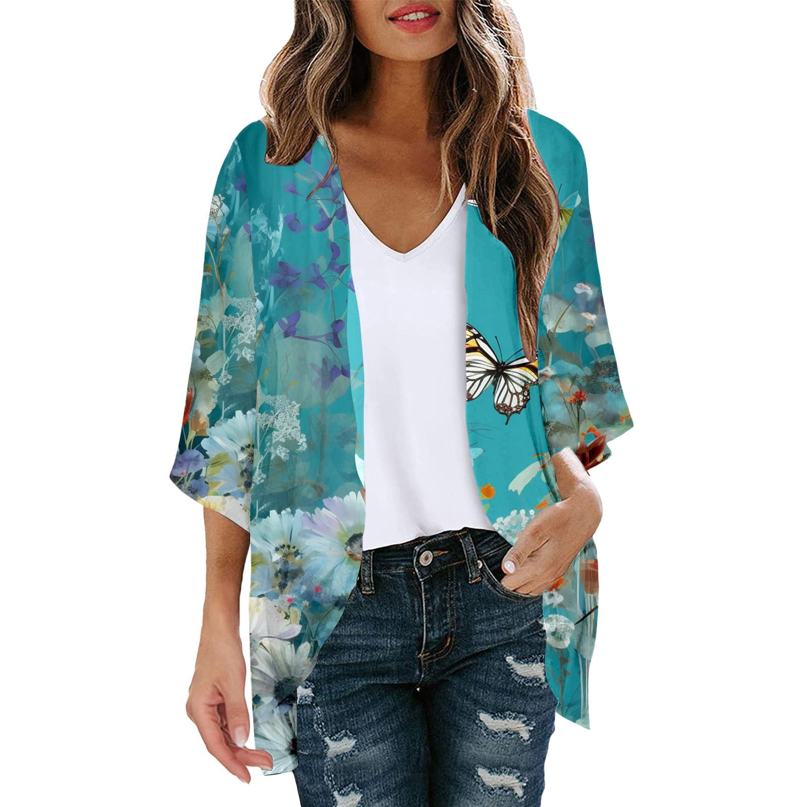 Vacation Swimwear Kimono Cardigan For Women Floral Print Swimsuit Cover ...