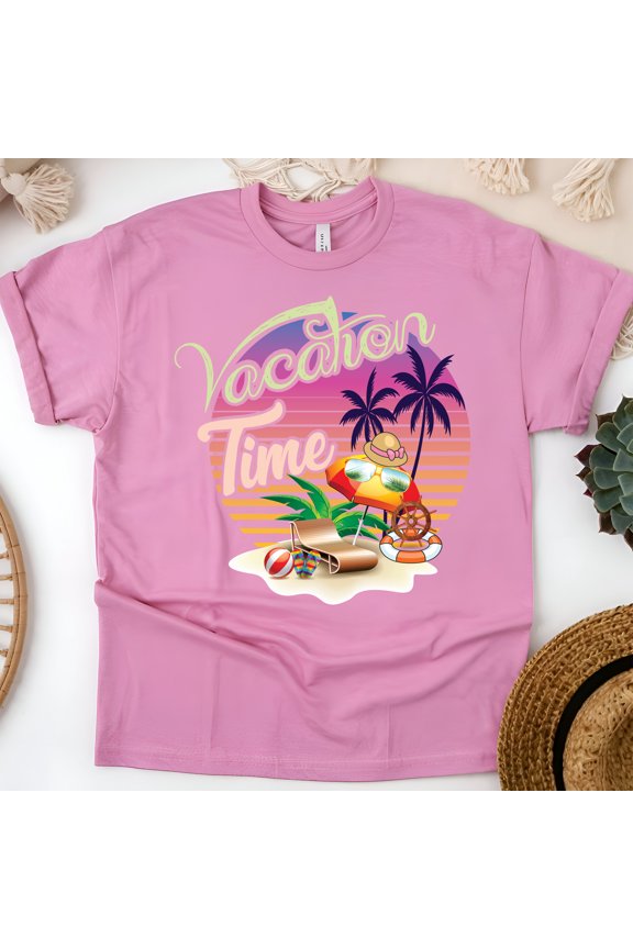 Vacation Time Beach T-Shirt – Sunset Palm Trees & Summer Holiday Graphic Tee, Azalea, Size S