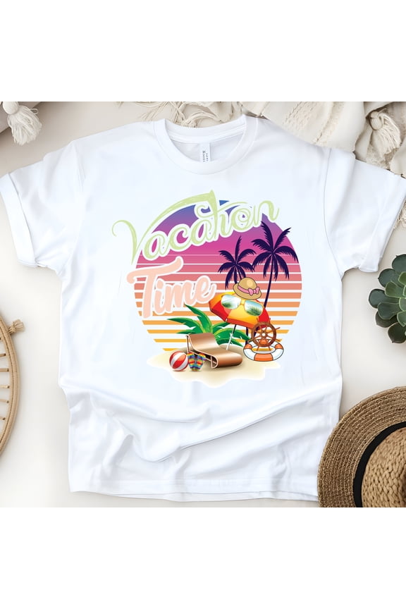 Vacation Time Beach T-Shirt – Sunset Palm Trees & Summer Holiday Graphic Tee, White, Size L