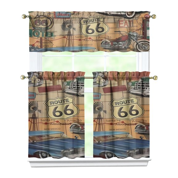Vacation Trip Kitchen Curtains Set, Airplane Flight Journey Theme Tier and Valance for Travel Lovers, Vintage Style Paris Fashion Curtains for Holiday Inspired Kitchen Decor