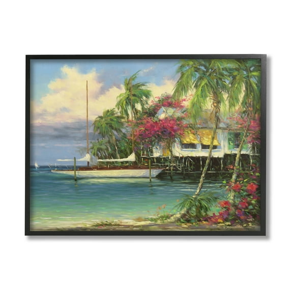 Vacation Waterfront Tropical Pier Coastal Painting Black Framed Art Print Wall Art