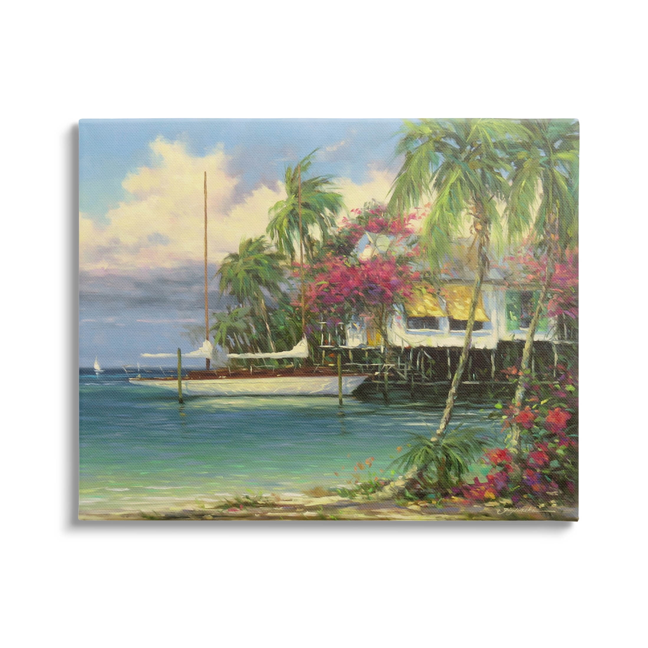 Vacation Waterfront Tropical Pier Coastal Painting Gallery Wrapped Canvas Print Wall Art