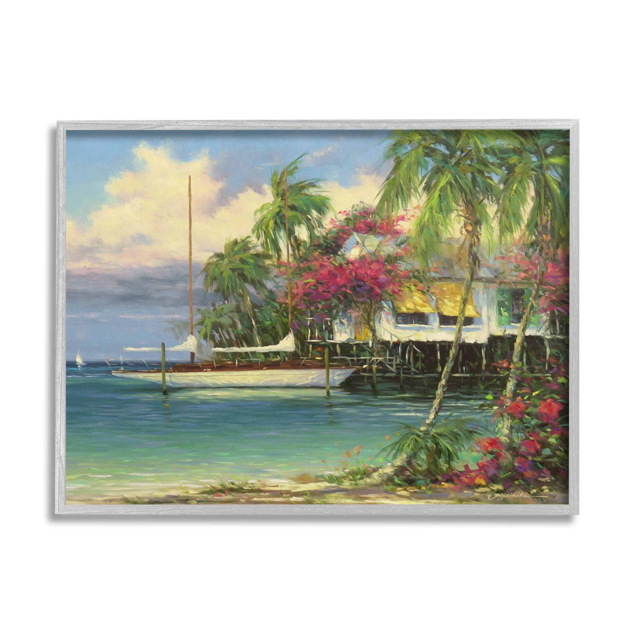 Vacation Waterfront Tropical Pier Coastal Painting Gray Framed Art Print Wall Art