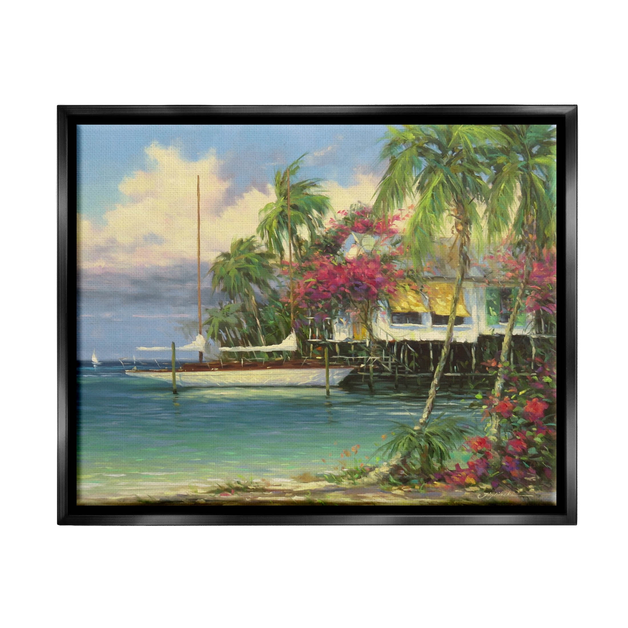 Vacation Waterfront Tropical Pier Coastal Painting Jet Black Framed Art Print Wall Art