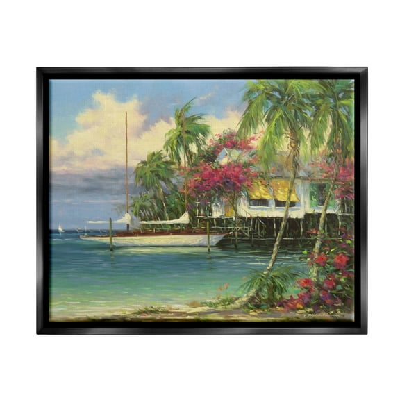 Vacation Waterfront Tropical Pier Coastal Painting Jet Black Framed Art Print Wall Art