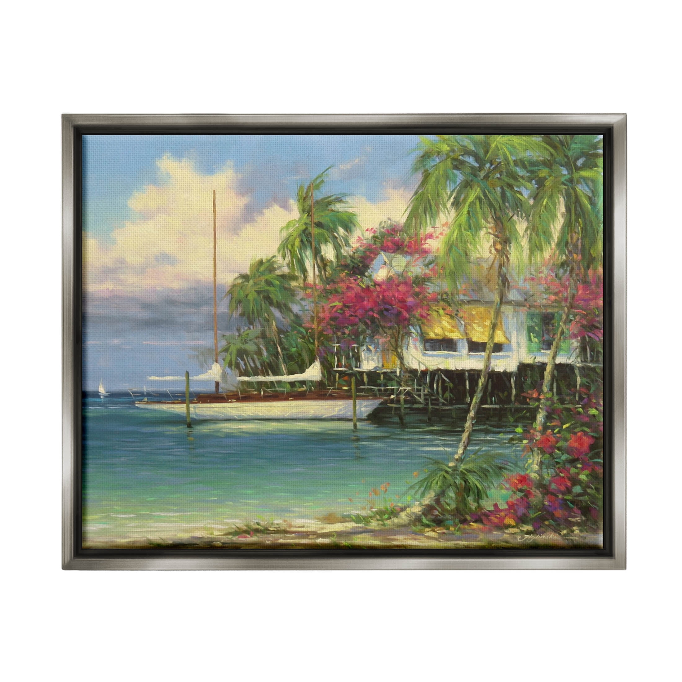Vacation Waterfront Tropical Pier Coastal Painting Luster Gray Framed Art Print Wall Art