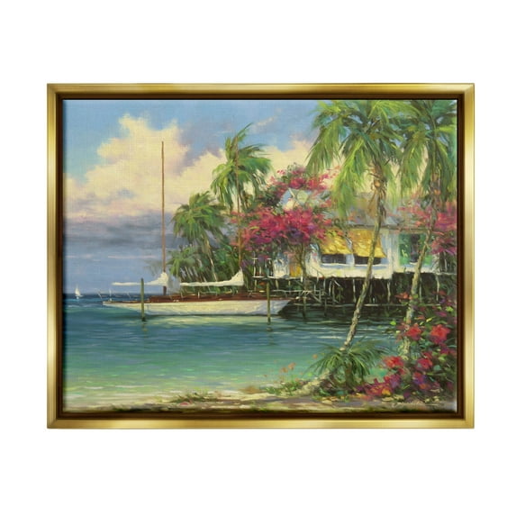 Vacation Waterfront Tropical Pier Coastal Painting Metallic Gold Framed Art Print Wall Art