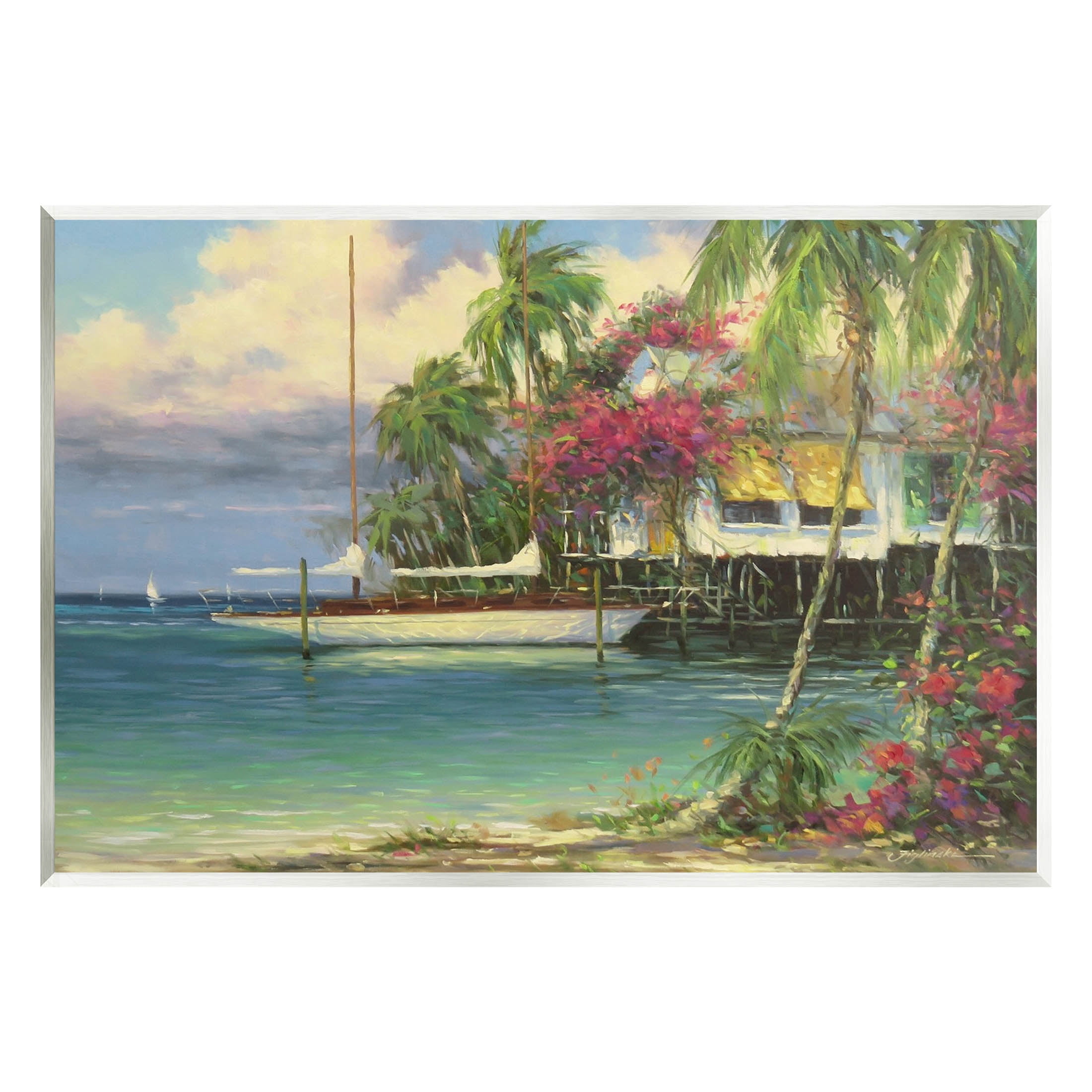 View of Vacation Waterfront Tropical Pier Coastal Painting Unframed Art Print ...