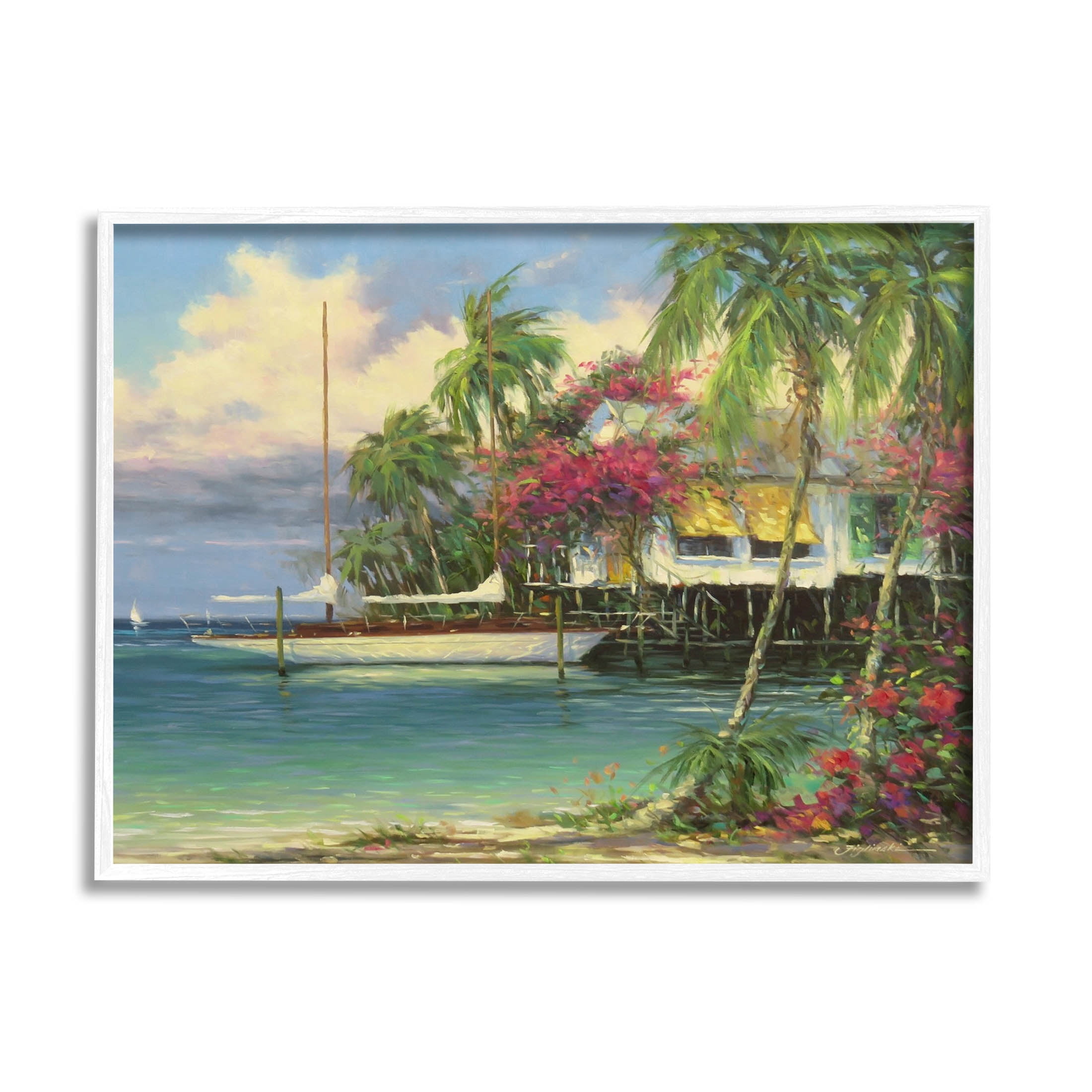 Vacation Waterfront Tropical Pier Coastal Painting White Framed Art Print Wall Art