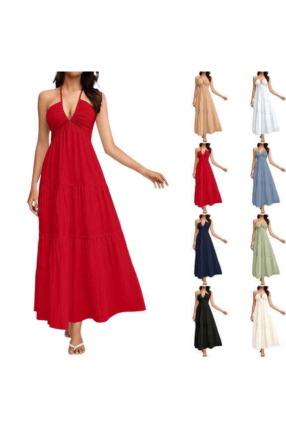 Vacation Women's Summer Dress,Women's V-Neck Relaxed-Fit Backless Resort Dress Cocktail Dresses for Women,Wedding Guest Halter Dress Backless Flowy Vacation Boho Maxi Dresses