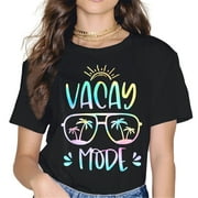 Vacay Mode Cute Vacation Women Tops T-Shirt Cruise Getaway Holiday Sunglasses Graphics Casual Short Sleeve Crew Neck Shirts Gift Tee Black Small