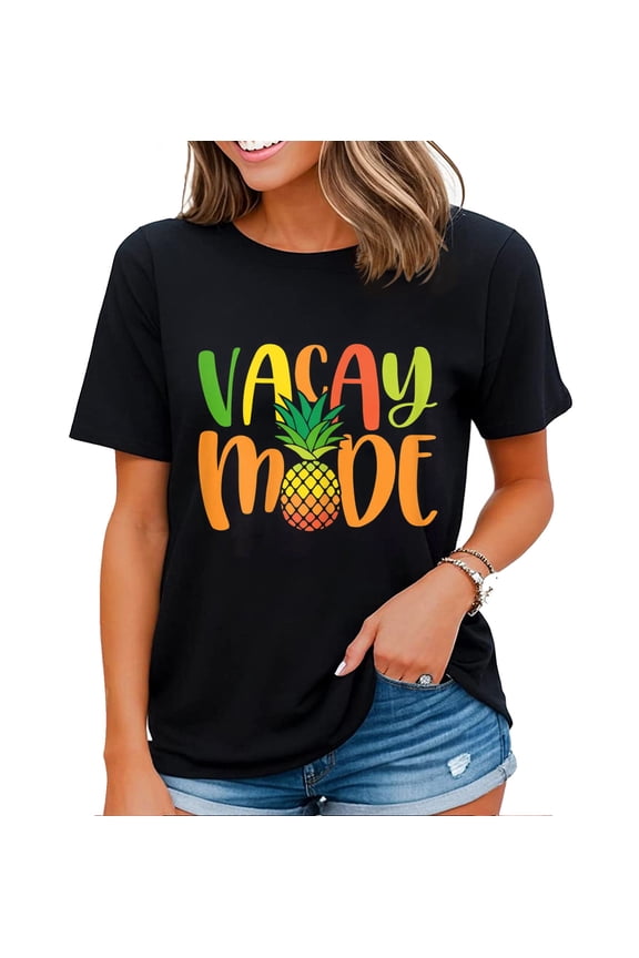 Vacay Mode Shirt Women Cute Pineapple Graphic Funny Letter Print T Shirt Black X-Large