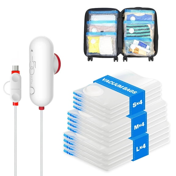 Vacbird 12 Pack Travel Vacuum Storage Bags with USB Electric Pump, Compression Packing Bags for Travel, Space Saver for Clothes Clothing Suitcase and Luggage