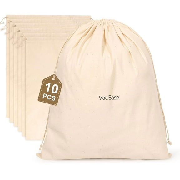 VacEase Travel Cotton Bag with Drawstrings,10 Pcs Storage Cotton Bag for Packing, Reusable Muslin Bulk Flour Sack Bags, Storage Bags for Clothing, Cloth Shoe Bags