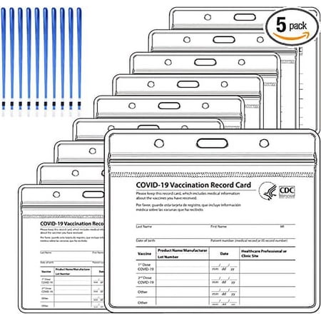 Vaccination Card Protector, 4 X 3" CDC Immunization Record Holder with Waterproof Zip and Lanyard, Plastic Clear ID Card Protectors Name Tags Badge Holders (5)
