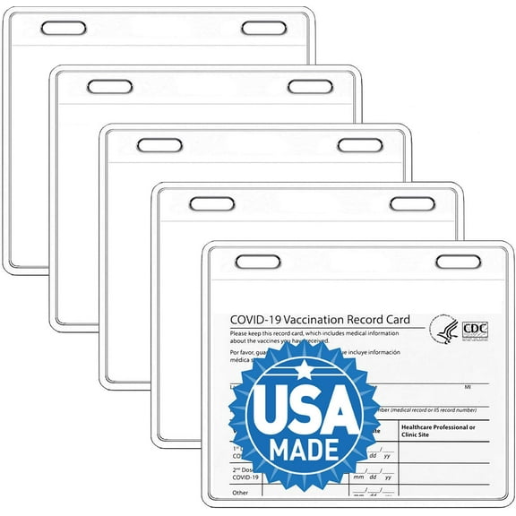 Vaccination Card Protector 4x3 in, DAT Brand 5-Pack ID Badge Holder, for CDC Immunization Record, Clear Plastic Cover Card Sleeve, 2 Holes for Lanyard Slots