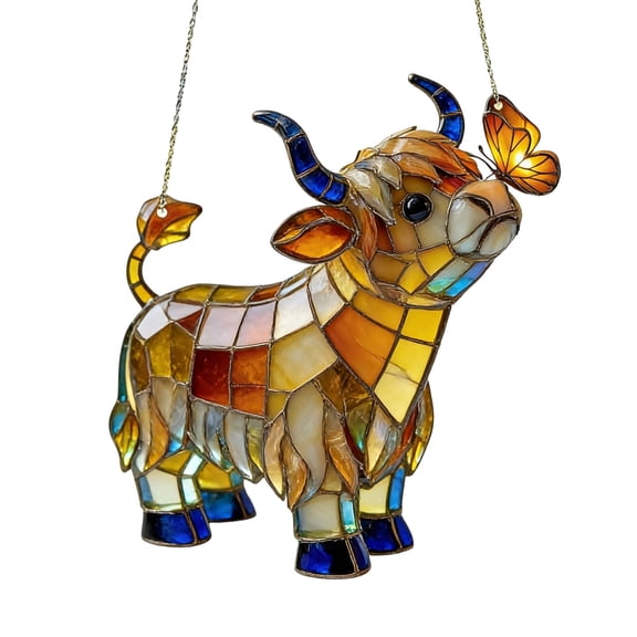 Vacemry 2D Flat Cow Window Hanging, Colorful Acrylic Highland Cattle Decor, Stained Glass Style Sun Catcher for Home Office Window Sill Garden Patio Decor