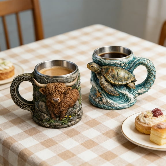 Vacemry 2Pcs Animal Mug, Animal Shaped Drinking Mug, Resin Stainless Steel Cup with Handle, Novelty Coffee Tea Cup, Gift for Animal Lovers, Cute Themed Mug for Home Use, Durable Dishwasher Safe Mug