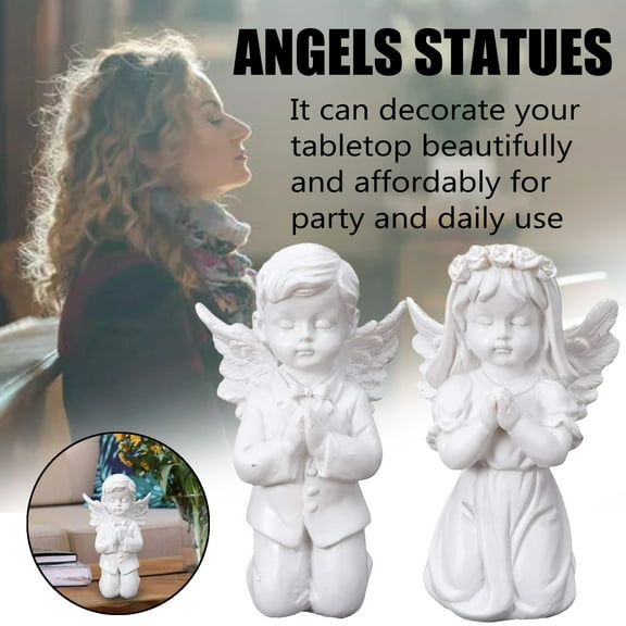 Vacemry 2Pcs Cherub Statue, Praying Angel Statue for Garden Home, Resin Outdoor Indoor Decorative Figurine, Inspirational Cherub Sculpture for Patio Lawn Entryway, White Finish Decorative Ornament