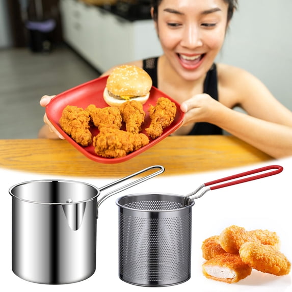 Vacemry 2Pcs Mini Stainless Steel Fryer, Small Deep Fryer Pot with Strainer for Chicken, Fish, and Snacks, Oil Saving Design Suitable for All Stovetops
