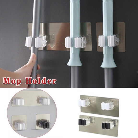 Vacemry 2Pcs Wall Mounted Mop Rack, Double Hook Adhesive Mop and Broom Holder, No Damage Wall Mount Storage Rack for Cleaning Tools, High Load Bearing, Easy to Install, Ideal for Small Spaces