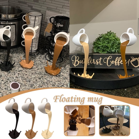 Vacemry 3Pcs Floating Coffee Cup Sculpture, Unique Kitchen Counter Decor with Pouring Illusion, Resin Mug Art for Home Office, Customizable Liquid Color Black Brown White