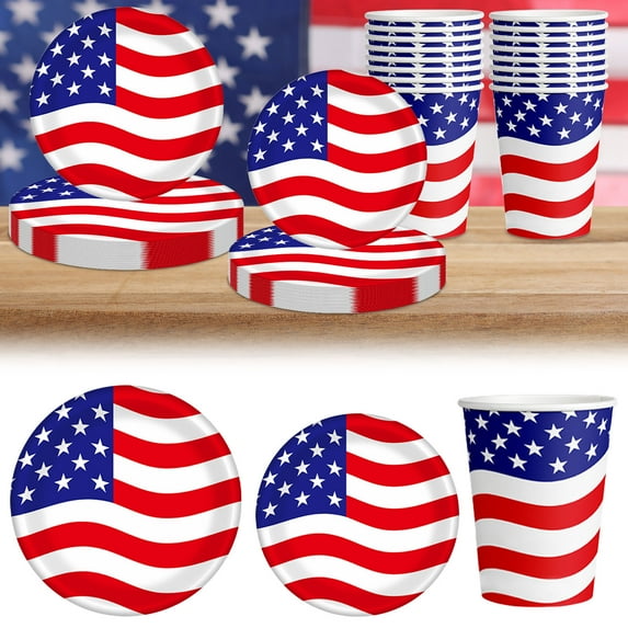 Vacemry 3Pcs Party Tableware Set, Independence Day Party Tableware Set, Disposable Plates Cups Napkins in Red White Blue, Patriotic Themed Celebration Supplies for Outdoor Picnic BBQ