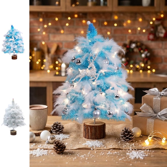 Vacemry under $5 2Pcs Mini Christmas Tree, Mini Artificial Christmas Tree for Girls, 18 Inch Tabletop DIY Tree with LED Lights, Feather Decorations and Hanging Ornaments