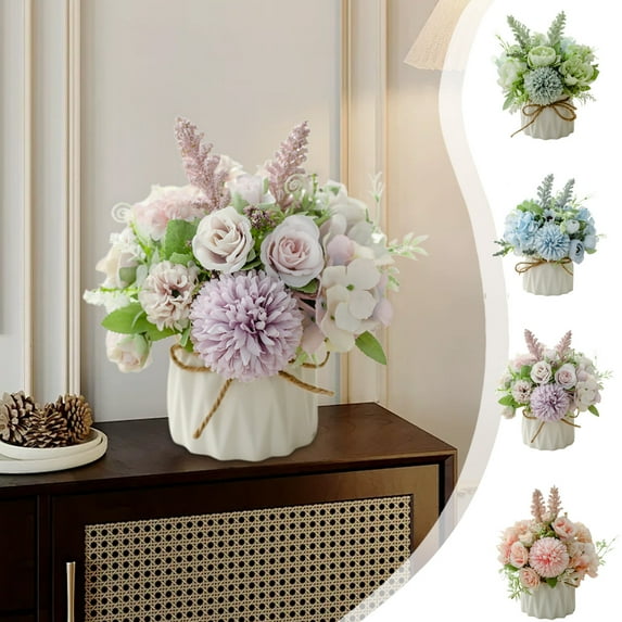 Vacemry Under $5 Artificial Flower Arrangement, Small Potted Plant with Ceramic Vase, Fake Silk Bloom for Table Decor, Realistic Floral Centerpiece for Home Office