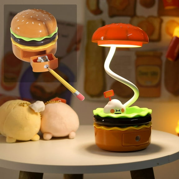 Vacemry under $5 Burger Night Light, Hamburger Shaped Night Light, LED Charging Lamp with Pencil Sharpener, Multifunctional Desk accessory for Children, Storage Container Learning Tool Combo