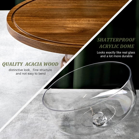 Vacemry Under $5 Cake Display Stand, Wood Tray with Acrylic Dustproof Cover, Dessert Showcase for Bakery, Transparent Glass Cover for Food Presentation