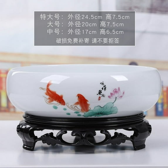 Vacemry Ceramic Flower Bowl, Chinese Style Planter with Plastic Stand, Hydroponic Bonsai Pot for Indoor Plants, Decorative Garden Planter for Office