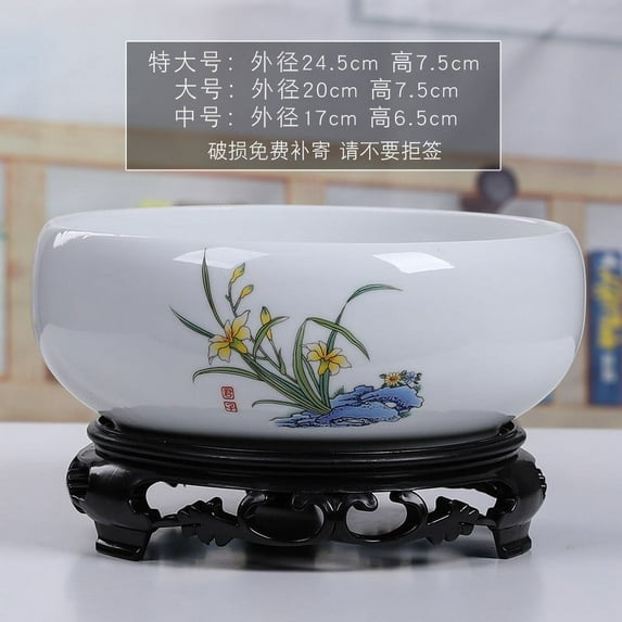 Vacemry Ceramic Flower Bowl, Chinese Style Planter with Plastic Stand, Hydroponic Bonsai Pot for Indoor Plants, Decorative Garden Planter for Office