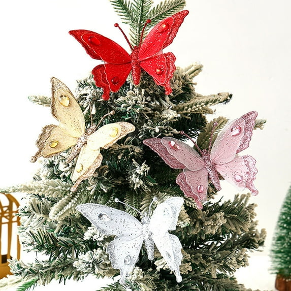 Vacemry Under $5 Christmas Butterfly Clip, Sparkling Hair Clip with Metal Grip, Shiny Ornament for Tree Wreath Gift, Festive Party accessory for Garment Decor