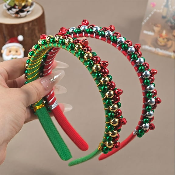 Vacemry Under $5 Christmas Headband with Bells, Red Green Hair Accessory for Women Girls, Festive Party Hair Band, Elastic Headwear for Christmas Event, Cute Holiday Photo Prop