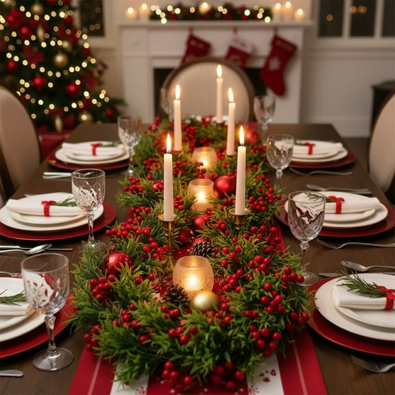 Vacemry Under $5 Christmas Rattan Garland with Red Berries, 195cm Simulation Vines for Window Wall Decoration, Artificial Greenery with Plastic Leaves for Indoor Outdoor Display