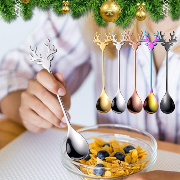 Vacemry Under $5 Christmas Reindeer Spoon Set, 304 Stainless Steel Coffee Stir Spoon, Decorative Dessert Spoon for Ice Cream, Festive Kitchen Utensil for Holiday Table Setting