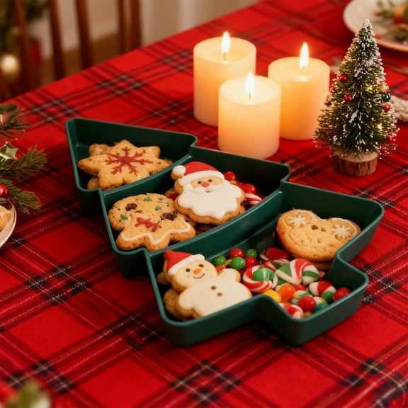 Vacemry Under $5 Christmas Tree Snack Tray, 3 Compartment Plastic Serving Platter for Fruit Candy, Holiday Party Food Display Dish, Reusable Kitchen Dining Table Decor for Family Gathering