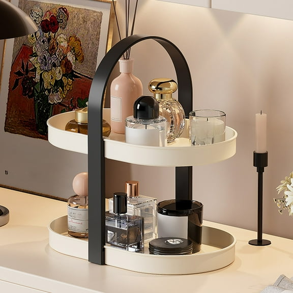 Vacemry Under $5 Double Layer Desktop Shelf, Multi-Purpose Organizer Rack with Carrying Handle, Storage Display Stand for Cosmetics Lipsticks Collection, Sturdy Stackable Display Shelf Unit