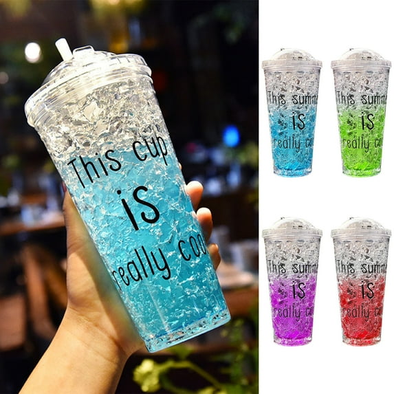 Vacemry Under $5 Double Wall Tumbler with Sliding Lid, Leakproof Insulated Travel Mug, Reusable Cold Drink Cup with Straw, Gel Refrigeration Technology for Outdoor Activities, Iced Container