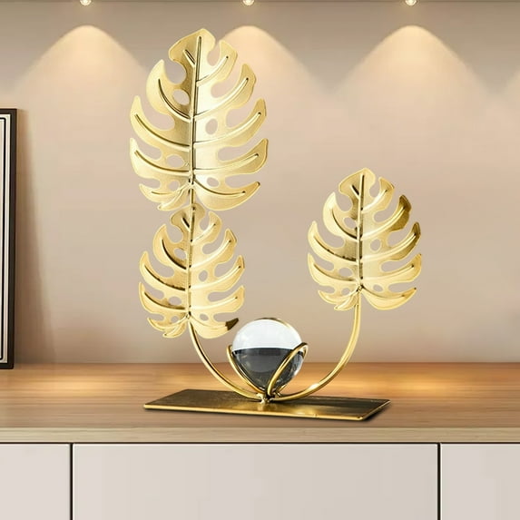 Vacemry Under $5 Dual Crystal Ball Display, Metal Ginkgo Leaf Base Sculpture, Golden Art Statue for Desk Decor, Modern Home Office Ornament for Bookshelf