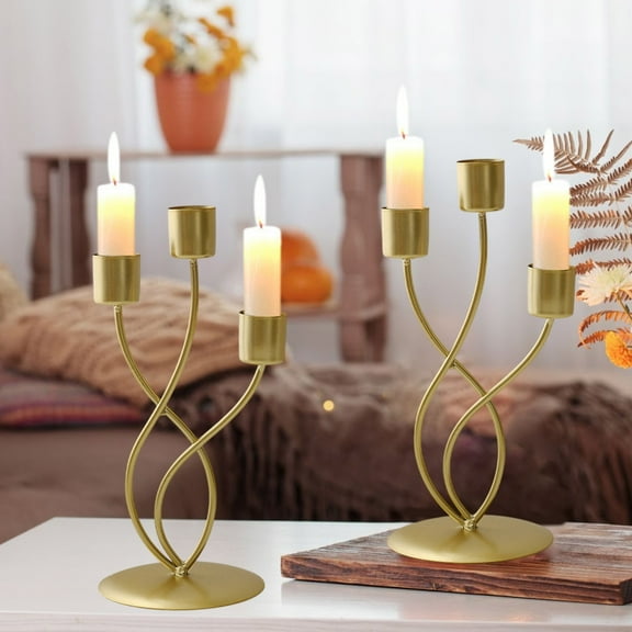 Vacemry Under $5 Elegant Candle Holders Set, 3-Head Curved Metal Candelabra with Golden Finish, Romantic Table Centerpiece for Dining Room, Wedding Anniversary and Holiday Decor, Vintage Home Accent