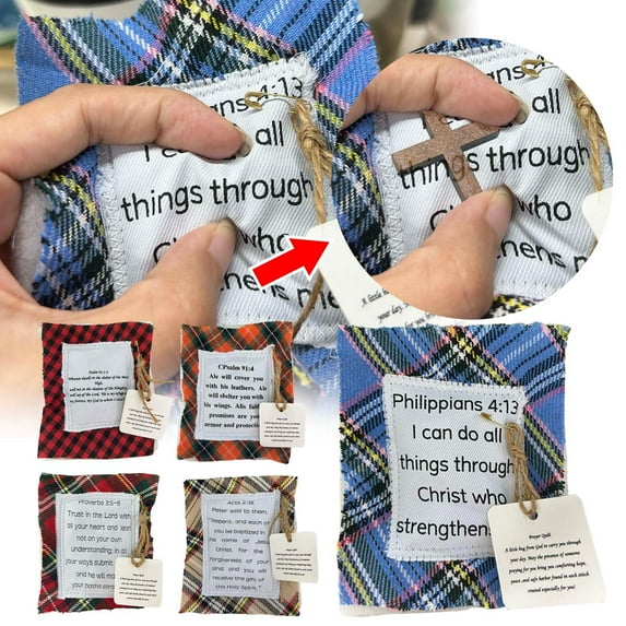 Vacemry Under $5 Embroidered Prayer Quilt, Handmade Fabric Square with Wooden Cross, Inspirational Gift for Friends Family, Comforting Keepsake for Special Occasions