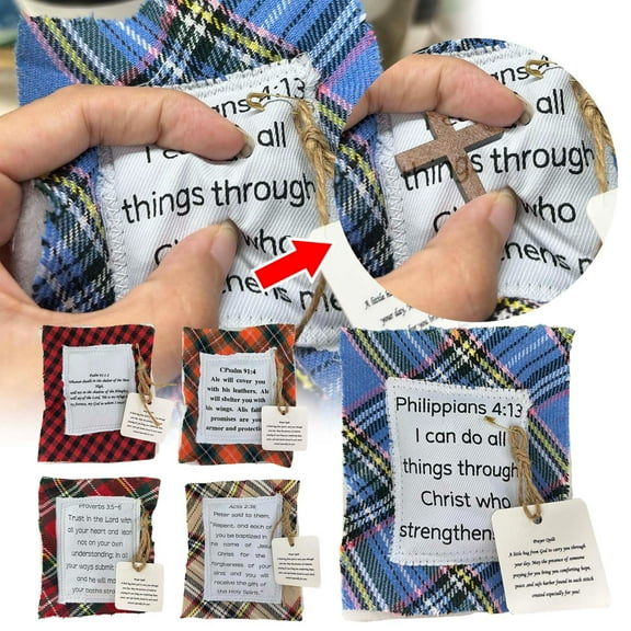 Vacemry Under $5 Embroidered Prayer Quilt, Handmade Fabric Square with Wooden Cross, Inspirational Gift for Friends Family, Comforting Keepsake for Special Occasions