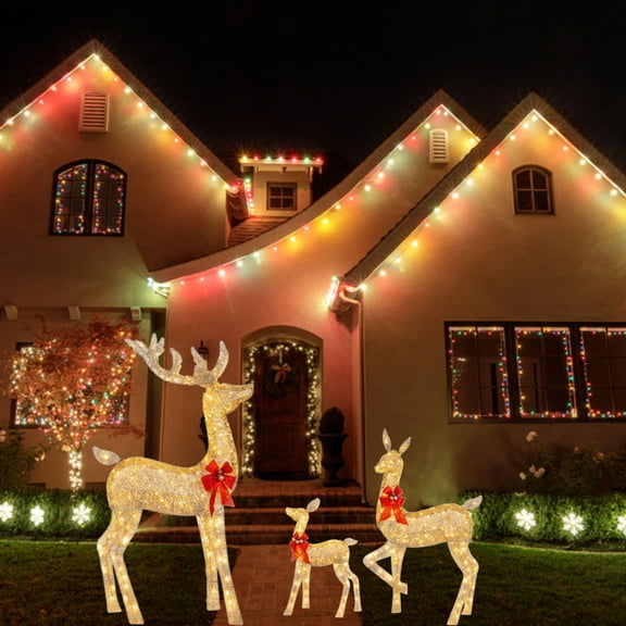 Vacemry Under $5 Garden Christmas Shining Deer Set, Three Reindeer Family Light Up Decoration, LED Illuminated Deer Figures for Yard Outdoor Display Landscape