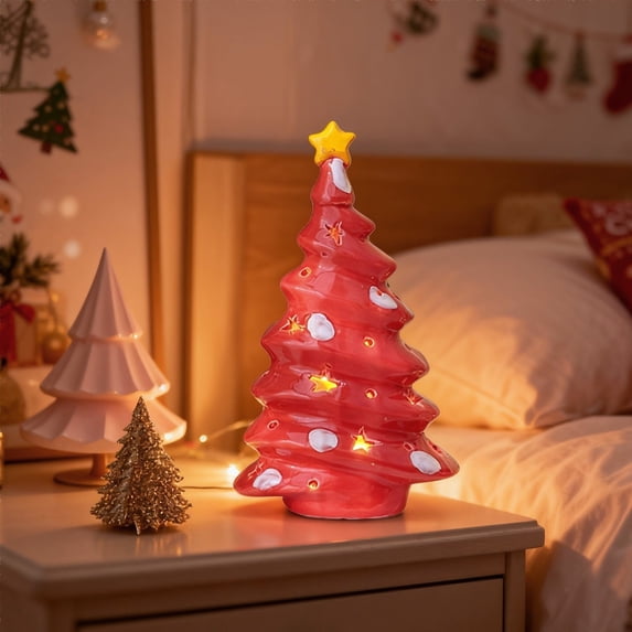Vacemry Under $5 Glowing Ceramic Christmas Tree with Warm Light, Illuminated Tabletop Decor for Holiday Centerpiece, Mini Decoration for Home Atmosphere, Seasonal Lighting for Night Display