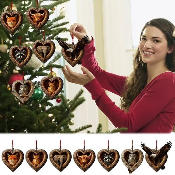 Vacemry Under $5 Heart-Shaped Tree Hollow Animal Ornament, Woodland Creature Hanging Pendant, Nature Inspired Christmas Decor, Rustic Holiday Tree Decoration